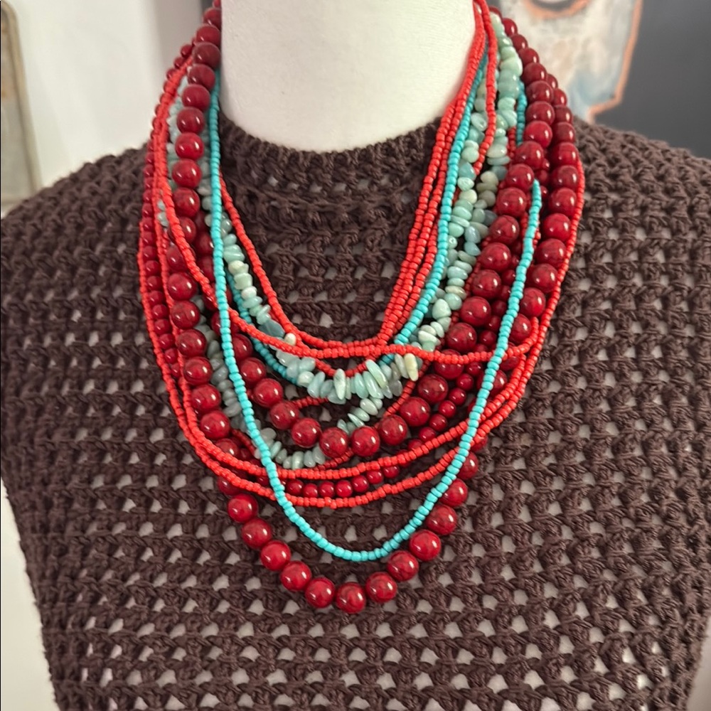 Zara Red and Blue Layered Necklace with Dramatic Cascading Strands